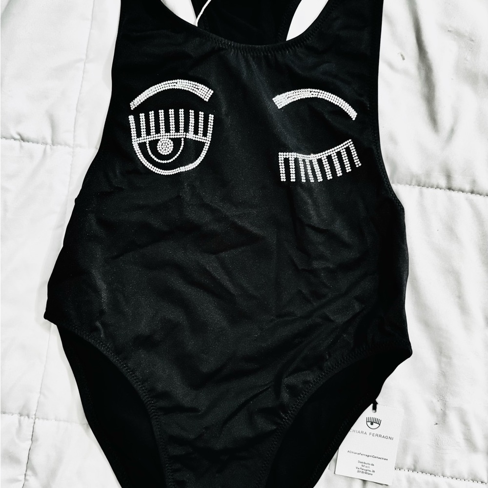 BNWT. Chiara Ferragni, Black One-Piece Swimsuit with crystals .